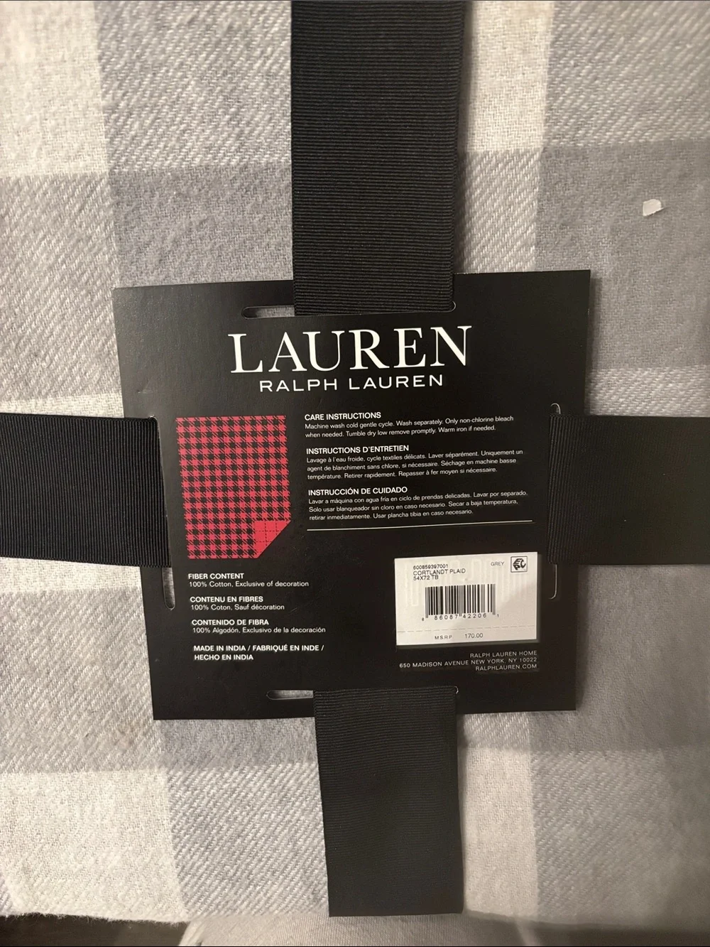 Lauren Ralph Lauren Cortlandt Plaid Throw Blanket - Gray